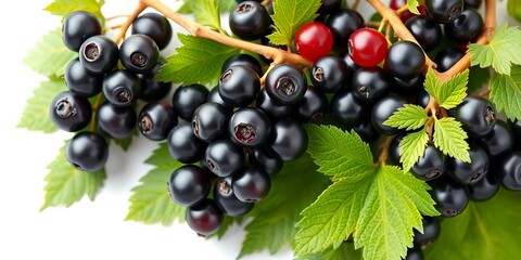 Clusters of ripe black currants with fresh green leaves, isolated on white, berries,  closeup