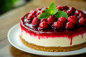 A decadent cheesecake showcasing a golden graham cracker crust, velvety vanilla filling, layered with a shiny berry , created by ai