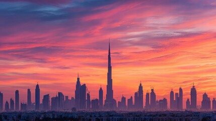 Obraz premium Sunset Cityscape View Of Skyscrapers In Dubai Downtown