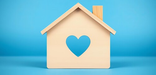 Cozy wooden house with heart cutout on blue background, ample copy space,  house,  warmth