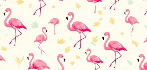 Cream background seamless pattern featuring pastel flamingo silhouettes, mustard and seafoam accents , tropical pattern, whimsical