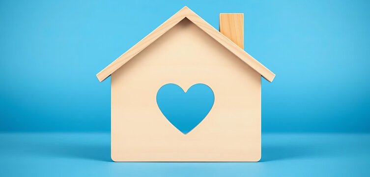 Cozy wooden house with heart cutout on blue background, ample copy space,  house,  warmth