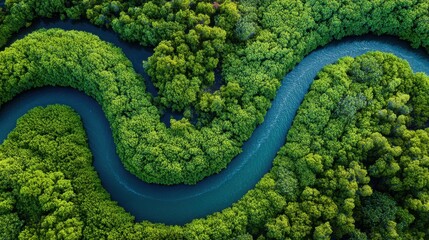 Fototapeta premium Aerial View of a Curving River Flowing Through Forest