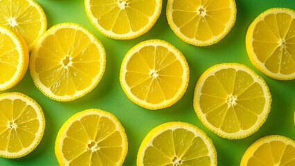 Fototapeta premium Slices of lemon on green background.