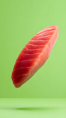 Floating fresh salmon slice culinary art minimalist studio vibrant green background high-quality photography
