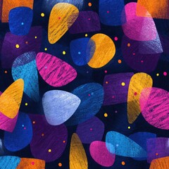 Abstract art featuring vibrant, textured shapes in various shades of blue, purple, pink, and orange against a dark blue background