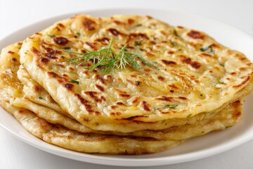 Aloo Paratha, stuffed flatbread with spiced mashed potatoes, isolated on white background