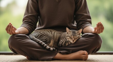 Peaceful Yoga Meditation with Sleeping Tabby Cat: Serene Mindfulness and Pet Bonding