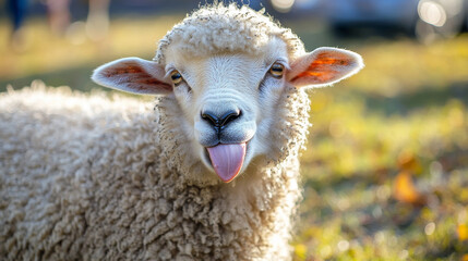 A humorous sheep sticks out its tongue in a close-up portrait