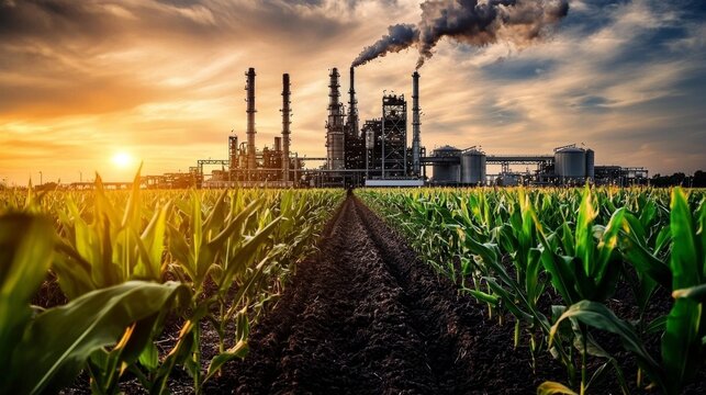 Sustainable energy: corn fields fueling the ethanol plant's production.