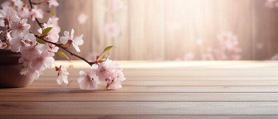 A background of a wooden floor with cherry blossoms around