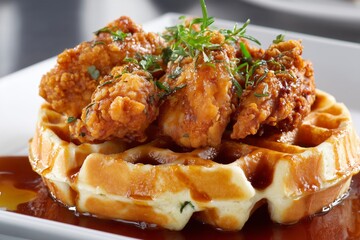 Crispy fried chicken served atop fluffy waffles drizzled with syrup, showcasing a delicious breakfast dish on a white background
