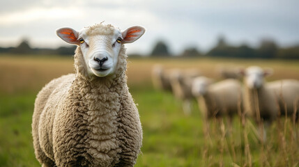 Fototapeta premium Merino sheep graze on farmland in the heart of the Midlands countryside