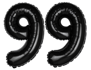 Deflated Black Number 99 Foil Balloons with Wrinkles, isolated on transparent background