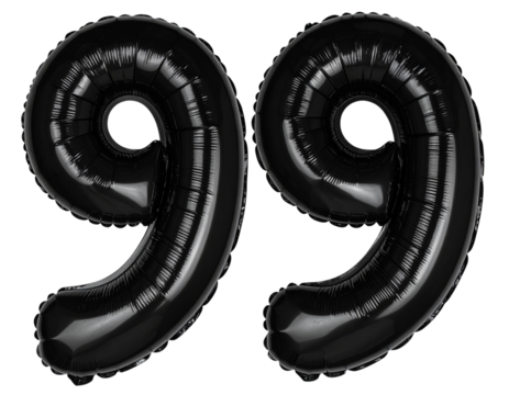 Deflated Black Number 99 Foil Balloons with Wrinkles, isolated on transparent background