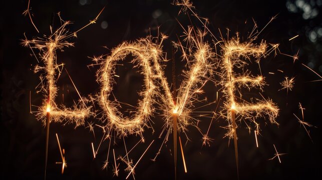 Glowing sparkler word love on black background for celebration and romance