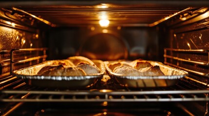 Oven interior view showing bread pans mid-bake, crust forming