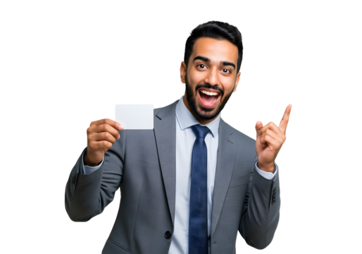 Business Card Concept Happy Man Showing Solution Mockup