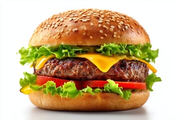 Juicy grilled beef patty hamburger served with fresh lettuce, tomato, and melted cheese in a sesame seed bun against a white background, perfect for food enthusiasts and casual diners