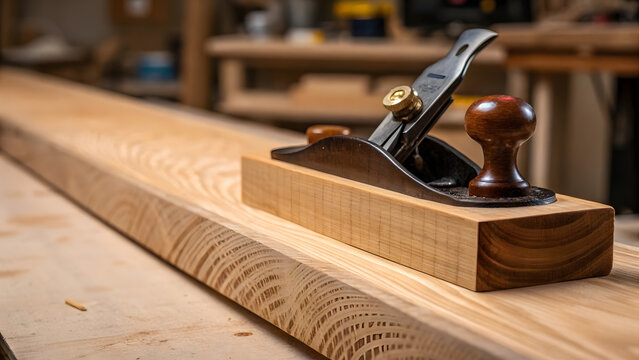 Crafting wood with a hand plane in a workshop setting
