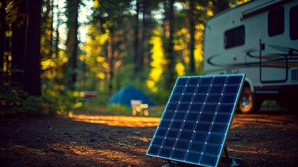 Portable solar panel showcased prominently in a serene forest.