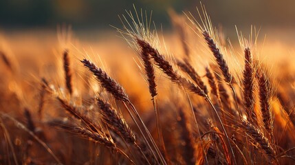 Obraz premium Golden wheat shining in the sunset light over field