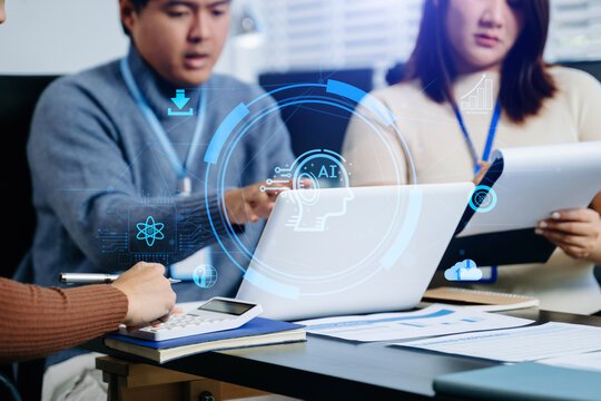 Team discussing data and innovation with AI, cloud, and digital overlays. Ideal for artificial intelligence, tech teamwork, machine learning