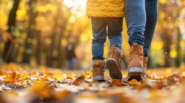 Autumn stroll: close up of child walking with mother through leaf-covered park