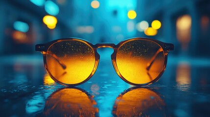 Stylish amber rimmed sunglasses reflecting city lights on wet street surface evoking vibrant mood