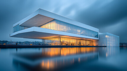 Modern concrete architecture reflects on the river at night, showcasing a city landscape with a bridge and road transportation