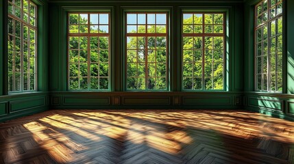 Bright interior space with a large window overlooking the outside.