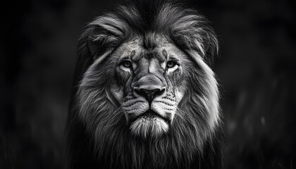 black and white lion portrait