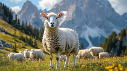 Fototapeta premium The sheep gaze straight into the lens as majestic mountains tower in the backdrop