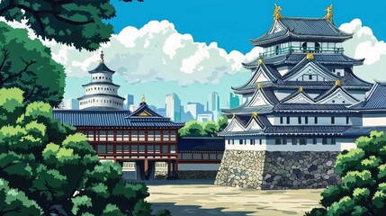 An artistic representation that combines the elegance of traditional temples and castles, reflecting Japan's rich history.
