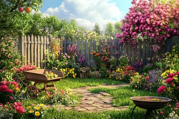 A beautifully detailed 3D garden with colorful blooming flowers, a wooden fence, a wheelbarrow, and a birdbath, capturing the charm of a lush outdoor space,  created by ai