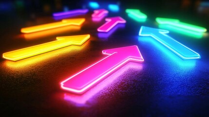 Vibrant neon arrows illustrating diverse directions and choices.