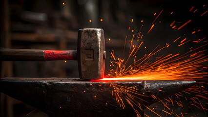Blacksmith creates sparks while forging metal at the anvil in workshop