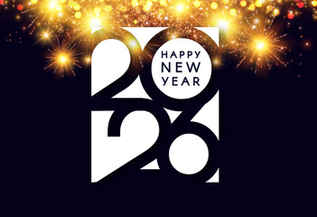 2026 Happy New Year text with fir tree branches and snow. Holiday celebration banner.