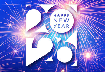 2026 Happy New Year text with fir tree branches and snow. Holiday celebration banner.