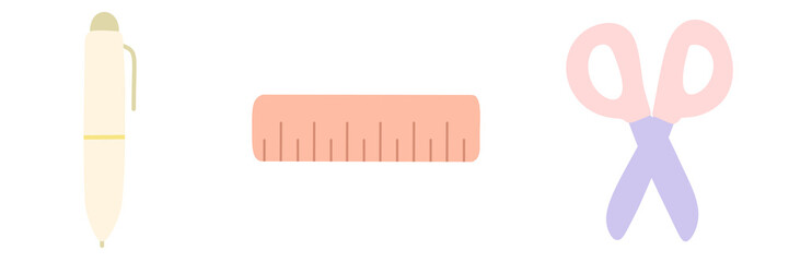 Pastel Stationery Essentials Clipart Set – Ruler, Pen, and Scissors PNG
