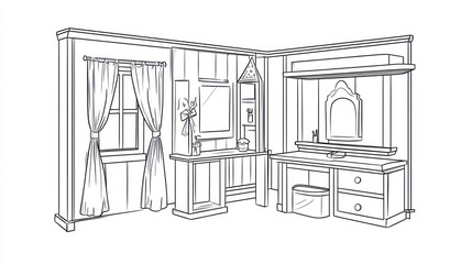 Fototapeta premium Line drawing of a quaint, wooden dressing room