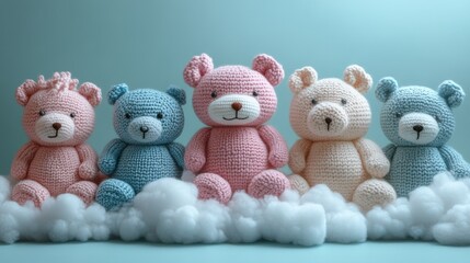 Pastel Knitted Bears on Cotton Clouds A Serene Still Life Capturing Childhood Innocence Soft Textures