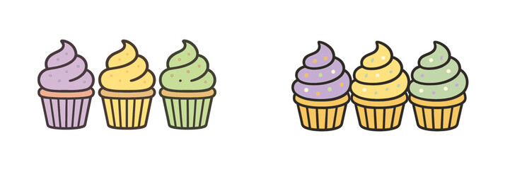 Colorful cupcakes with swirled frosting in pastel colors arranged in pairs on a light background