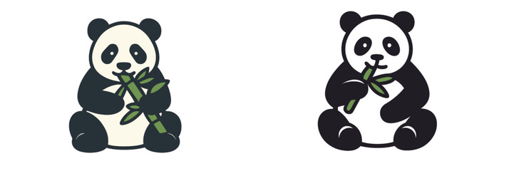 Two cartoon pandas sitting and enjoying bamboo in a simple style on a plain background