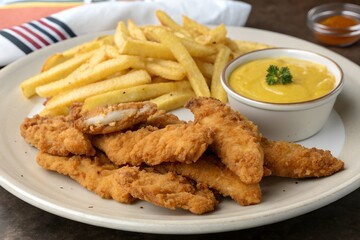 Crispy chicken tenders with french fries and mustard
