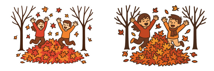 Children joyfully playing in a colorful pile of autumn leaves in an outdoor park during the fall season