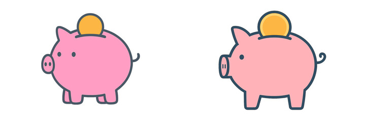 Cute pink piggy banks with coins isolated on a white background showcasing savings concept