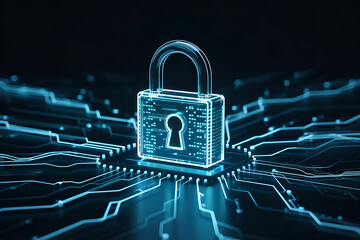 Glowing blue padlock icon above futuristic circuit board design