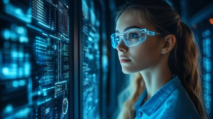 Female IT engineer analyzing server room with holographic UI overlay in cool blue tones, organized equipment