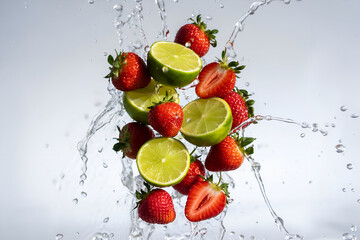 Strawberries and lime slices with dynamic water splashes on white background